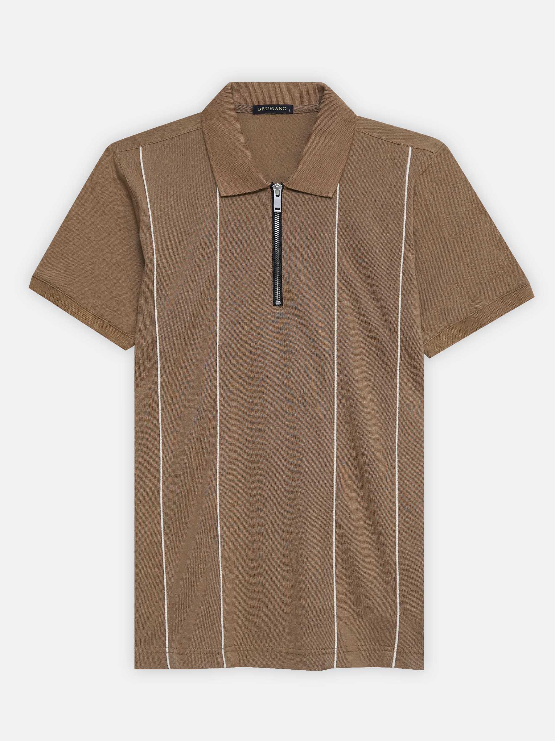 Brown Front Striped Zipper Polo