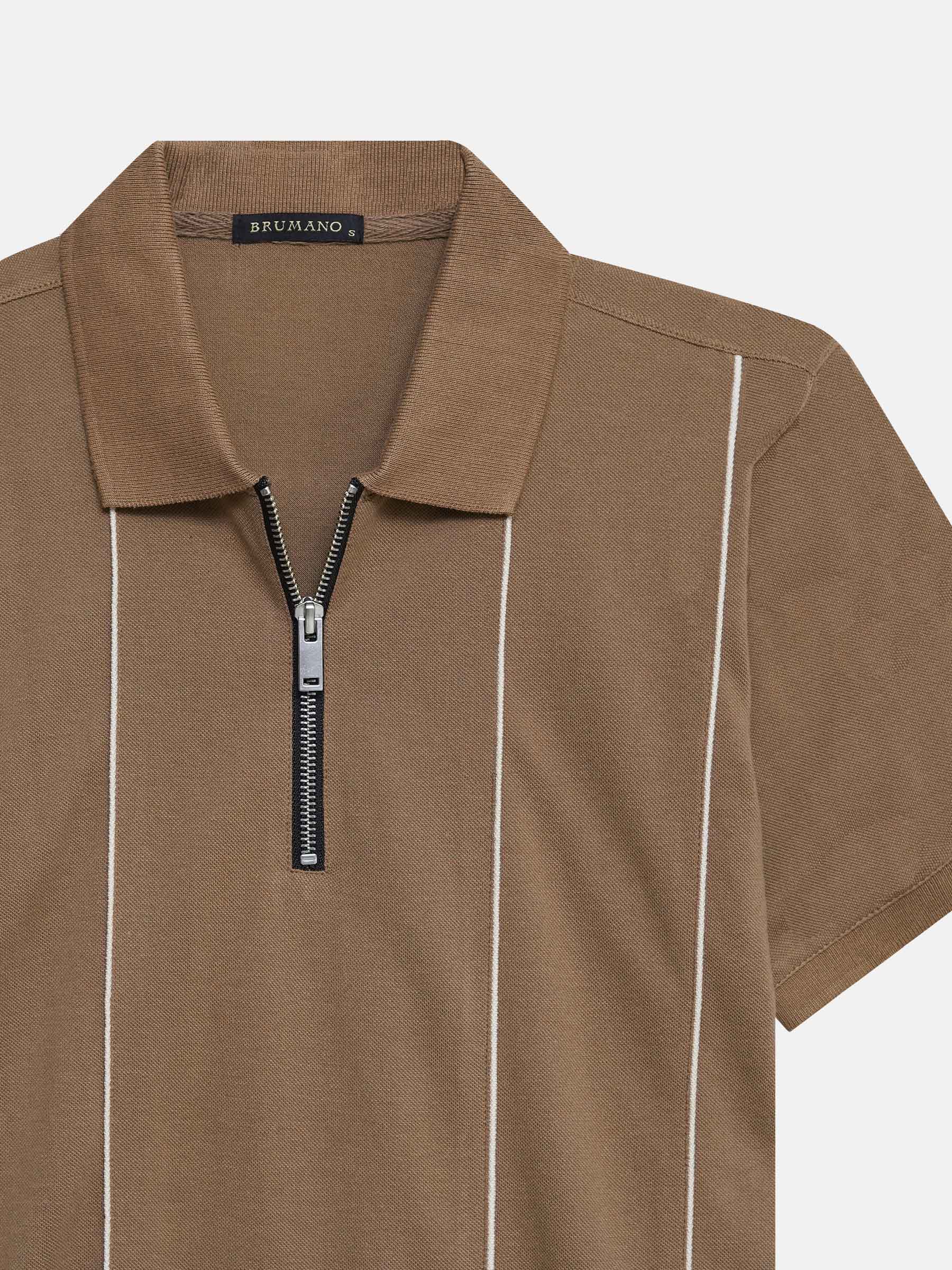 Brown Front Striped Zipper Polo