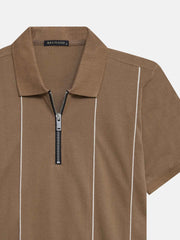 Brown Front Striped Zipper Polo