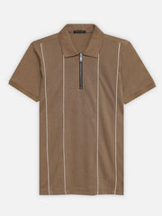 Brown Front Striped Zipper Polo