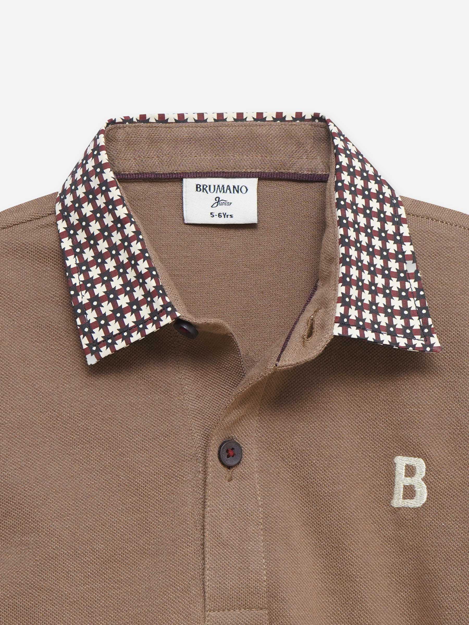 Brown Pique Polo With Contrasting Printed Collar - Junior