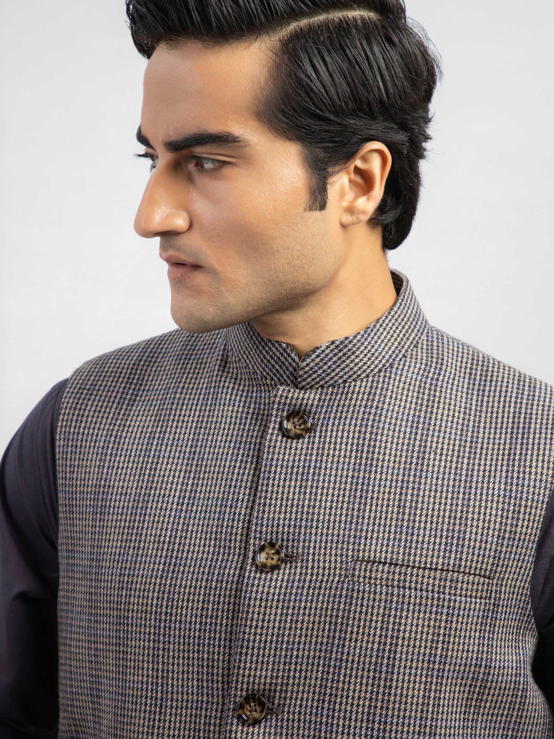 Brown Houndstooth Patterned Wool Waistcoat
