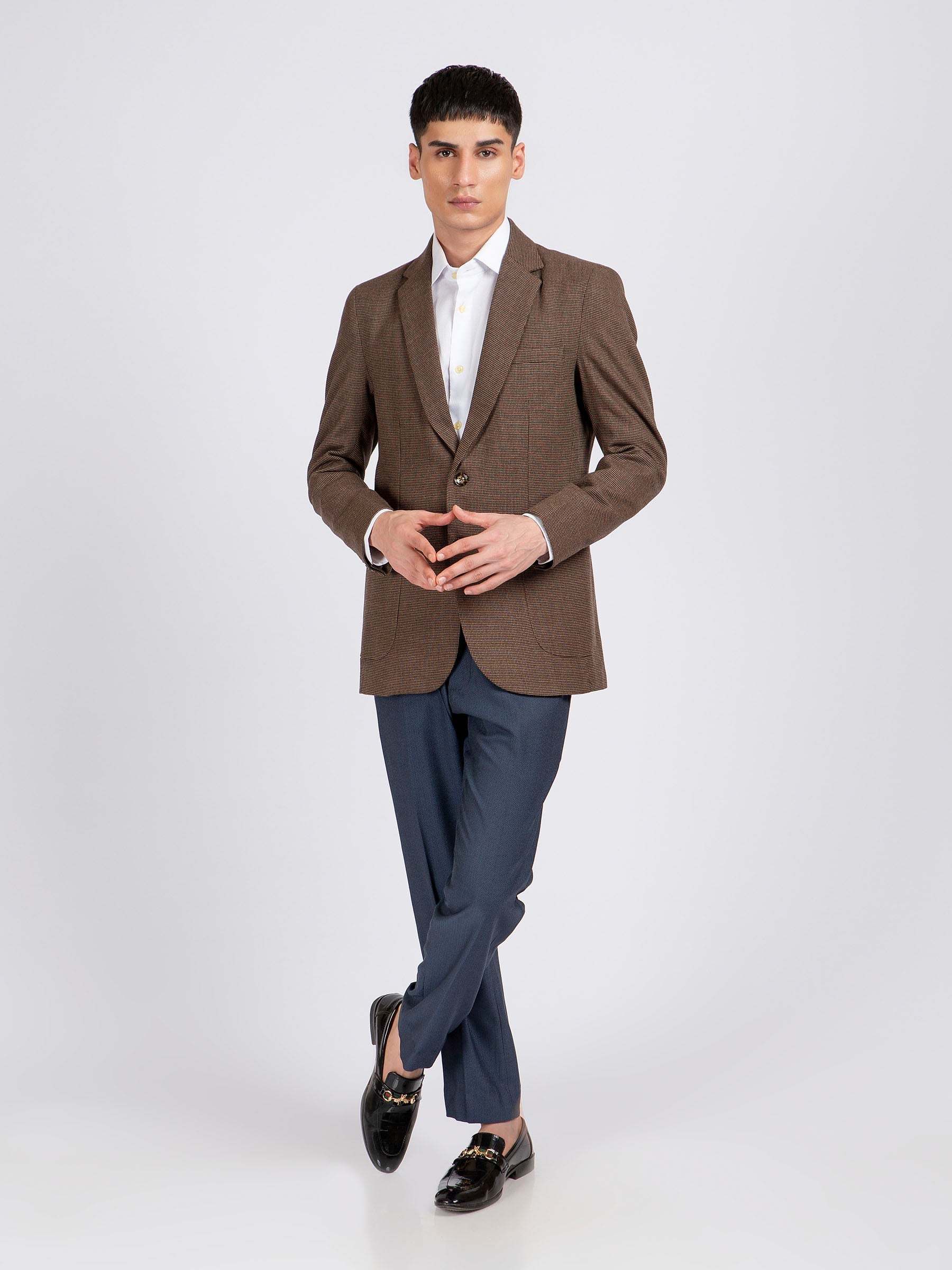 Brown Micro Checkered Wool Cashmere Blazer - Sartoria