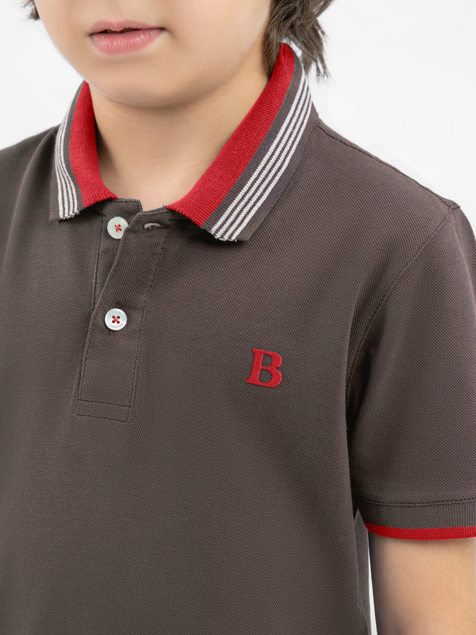Brown Pique Polo With Red Collar