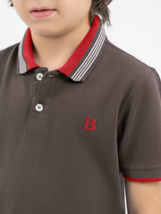 Brown Pique Polo With Red Collar