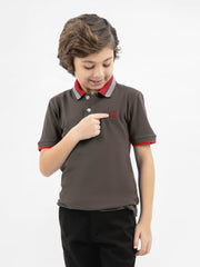 Brown Pique Polo With Red Collar