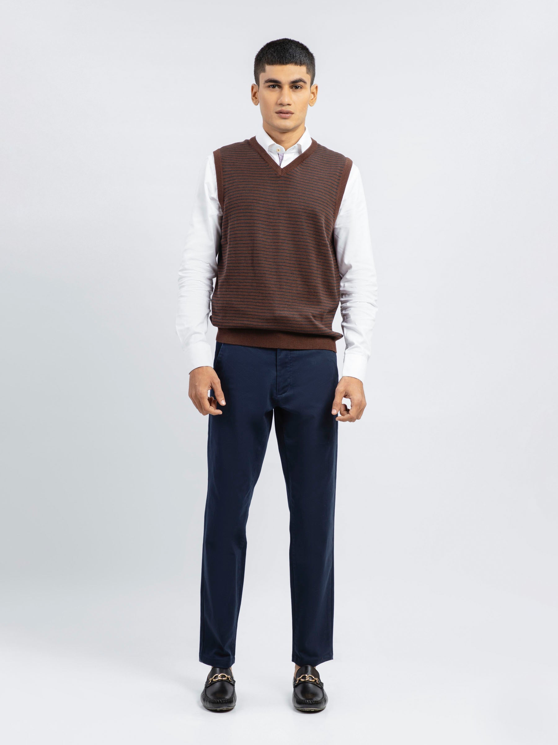 Brown Striped Wool Blended Sleeveless Sweater