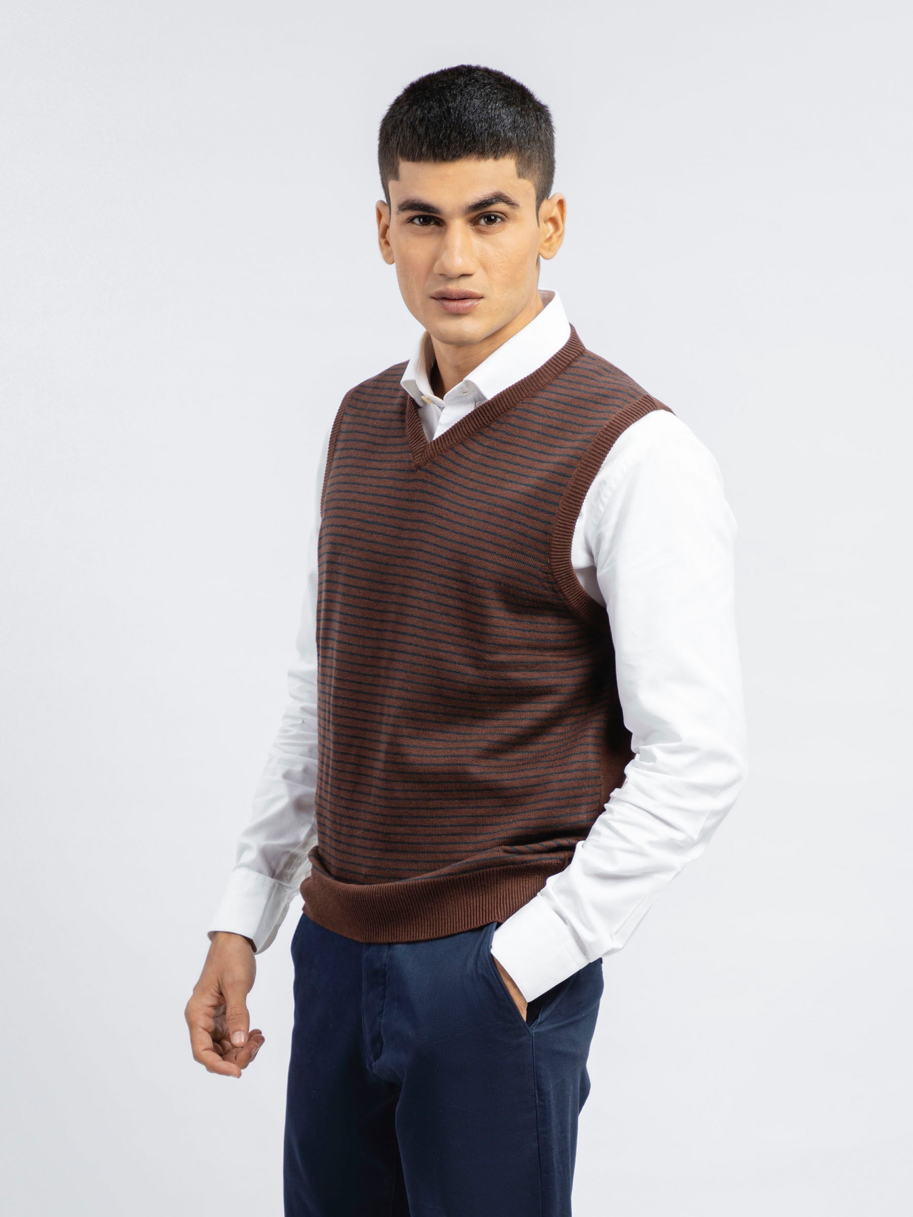 Brown Striped Wool Blended Sleeveless Sweater