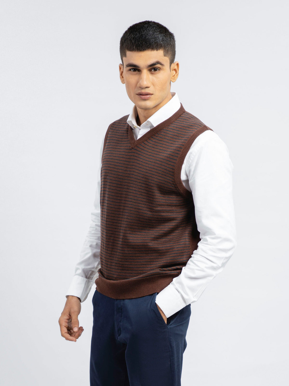 Brown Striped Wool Blended Sleeveless Sweater