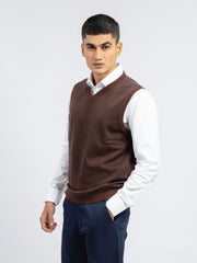 Brown Striped Wool Blended Sleeveless Sweater