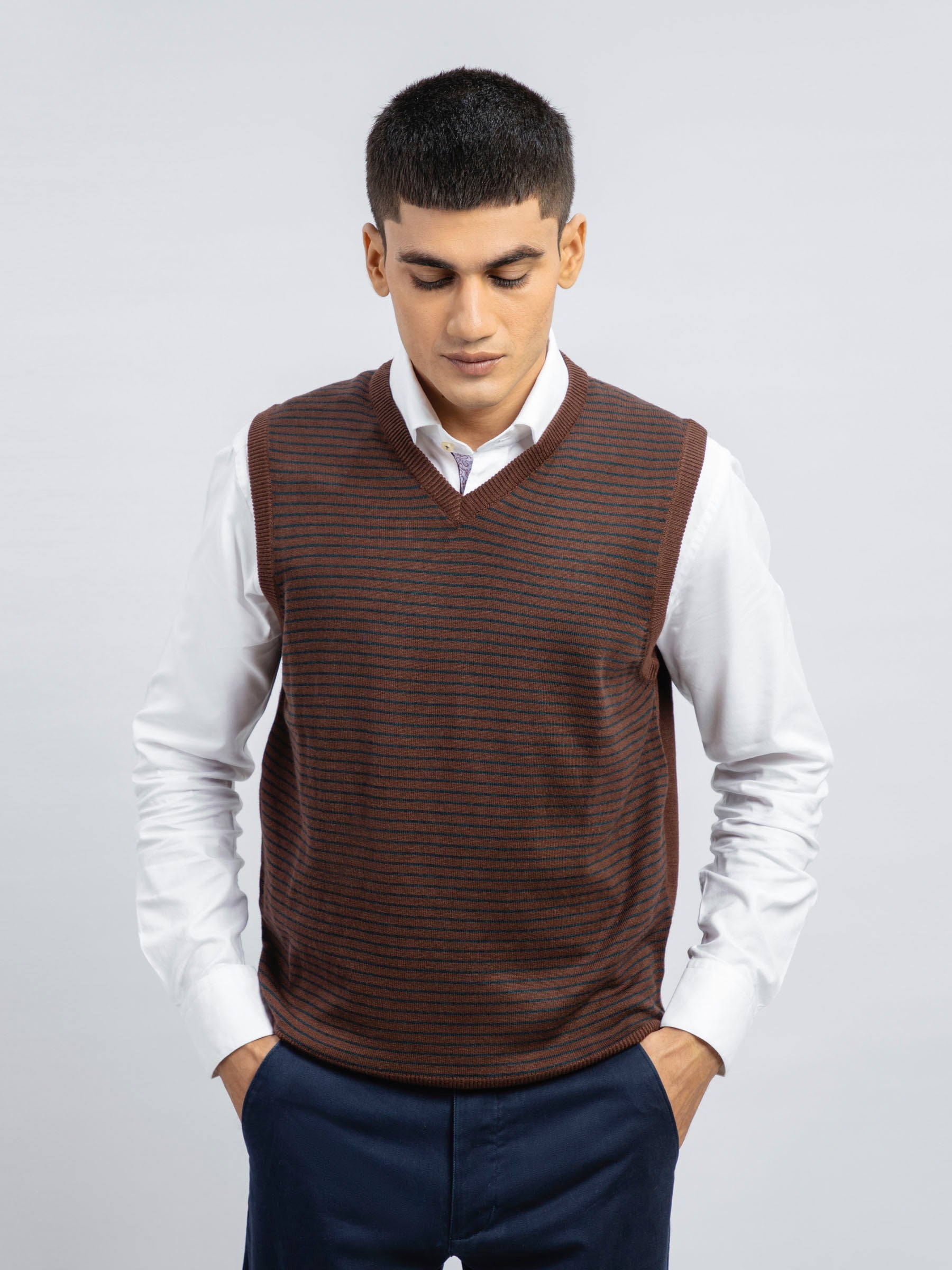 Brown Striped Wool Blended Sleeveless Sweater