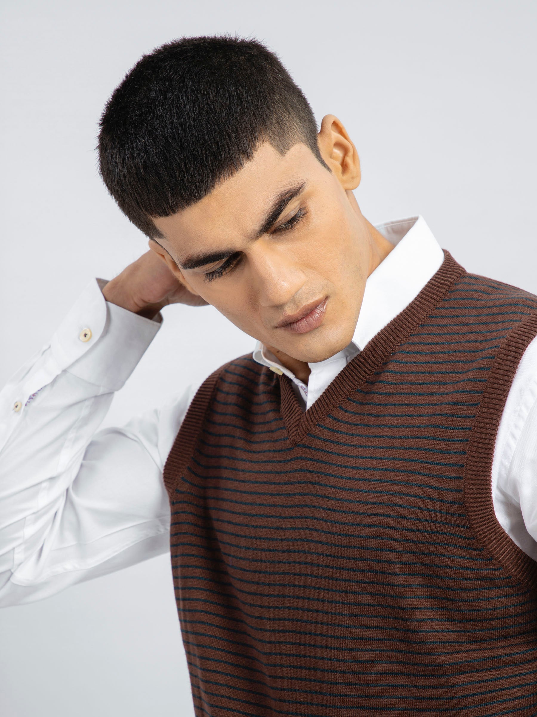 Brown Striped Wool Blended Sleeveless Sweater