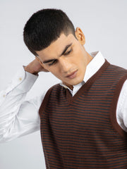 Brown Striped Wool Blended Sleeveless Sweater
