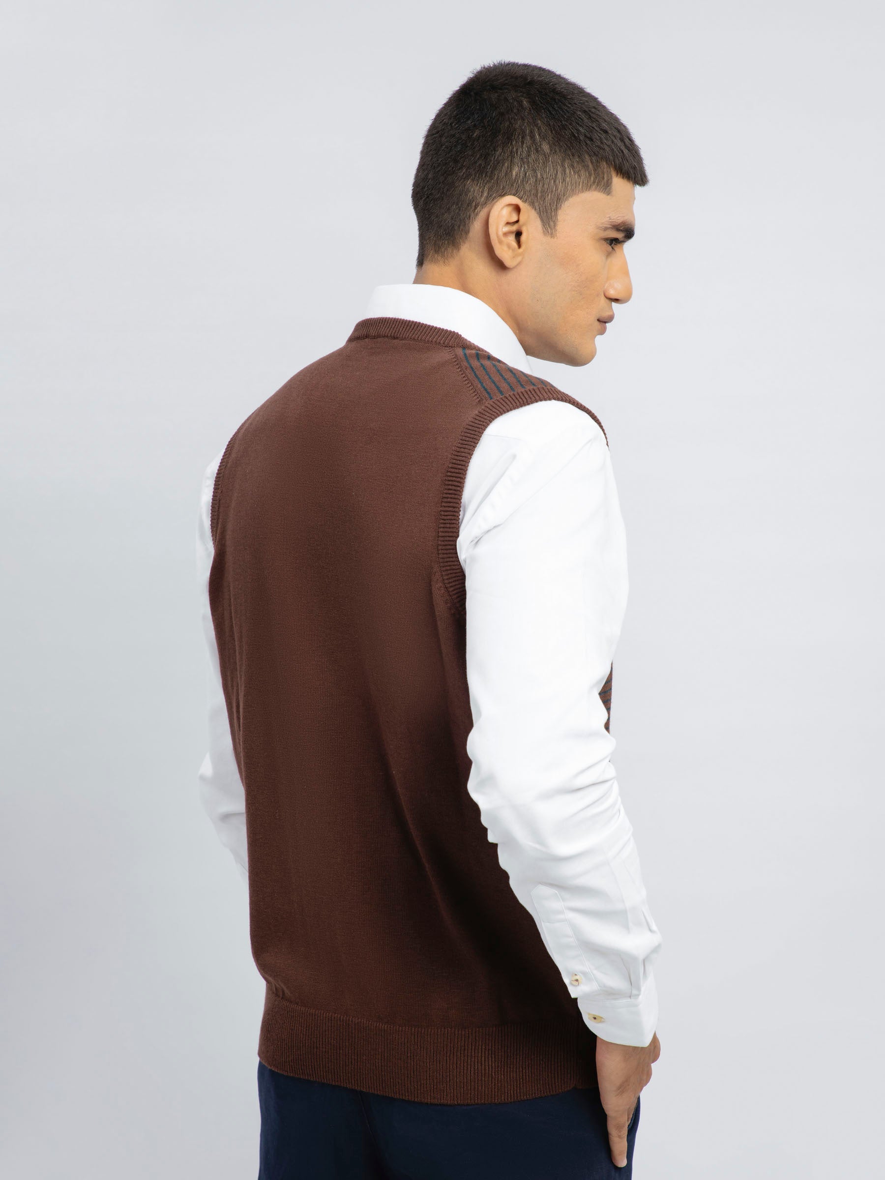 Brown Striped Wool Blended Sleeveless Sweater