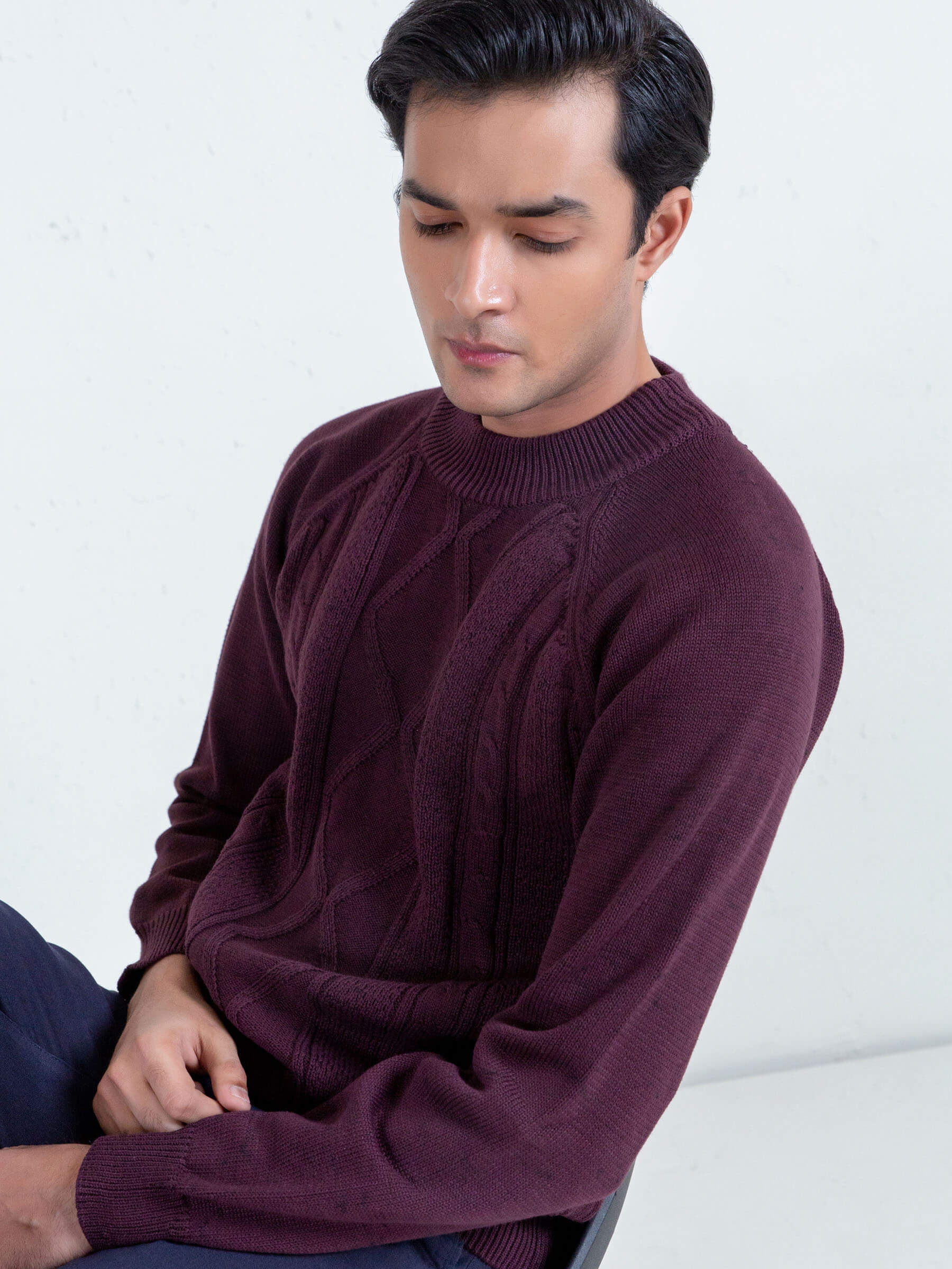 Burgundy Cable Knitted Mock Neck Sweater
