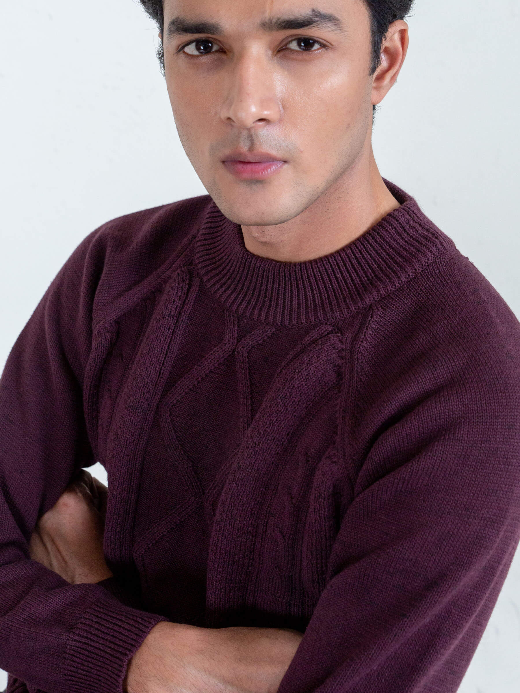Burgundy Cable Knitted Mock Neck Sweater