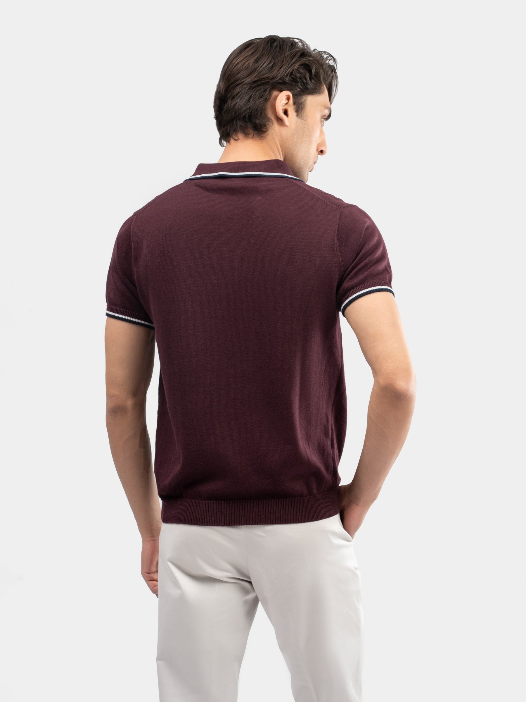 Burgundy Flat Knit Polo With Contrating Placket