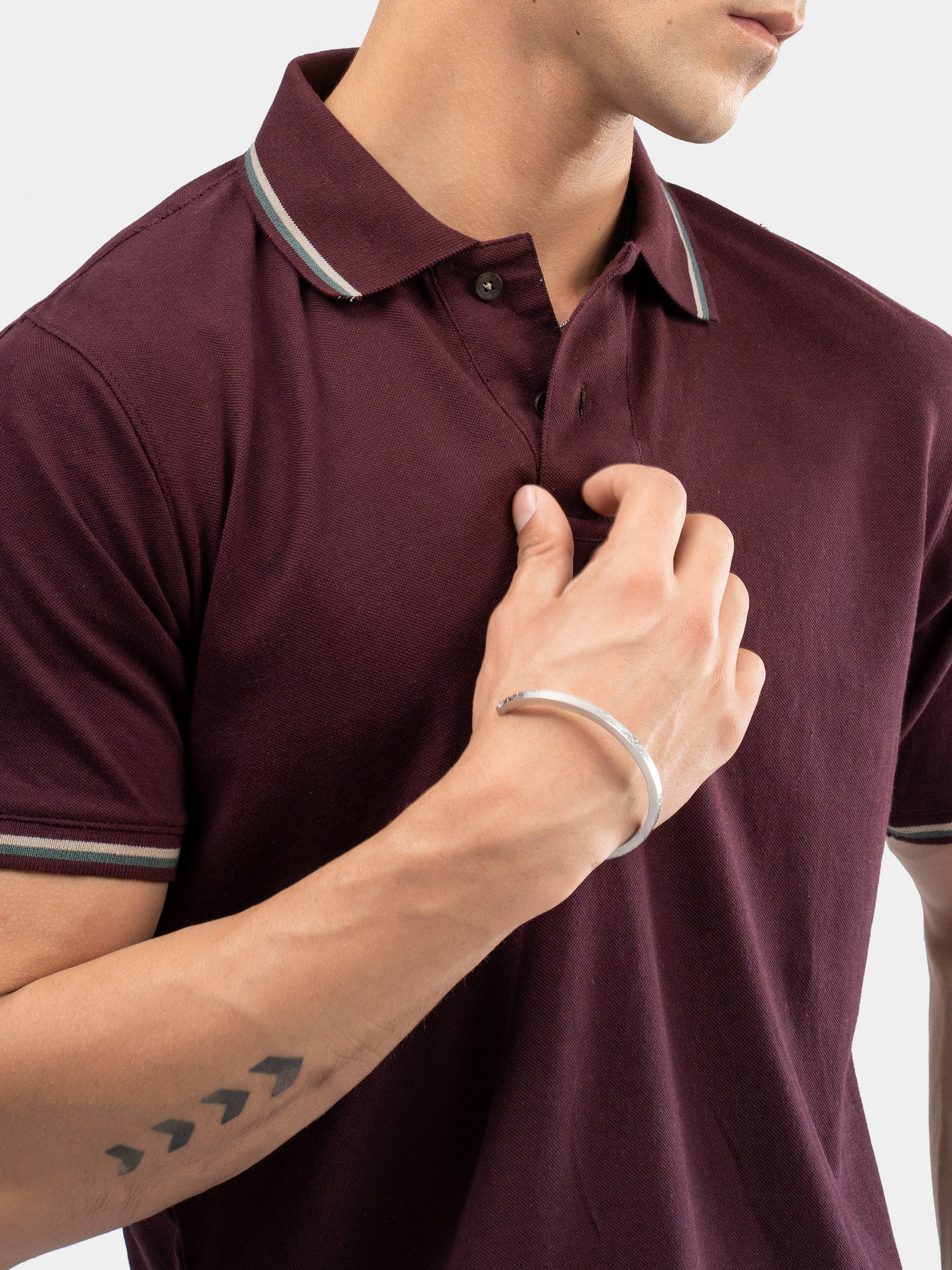 Burgundy Multicolor Tipped Collar Pique Polo