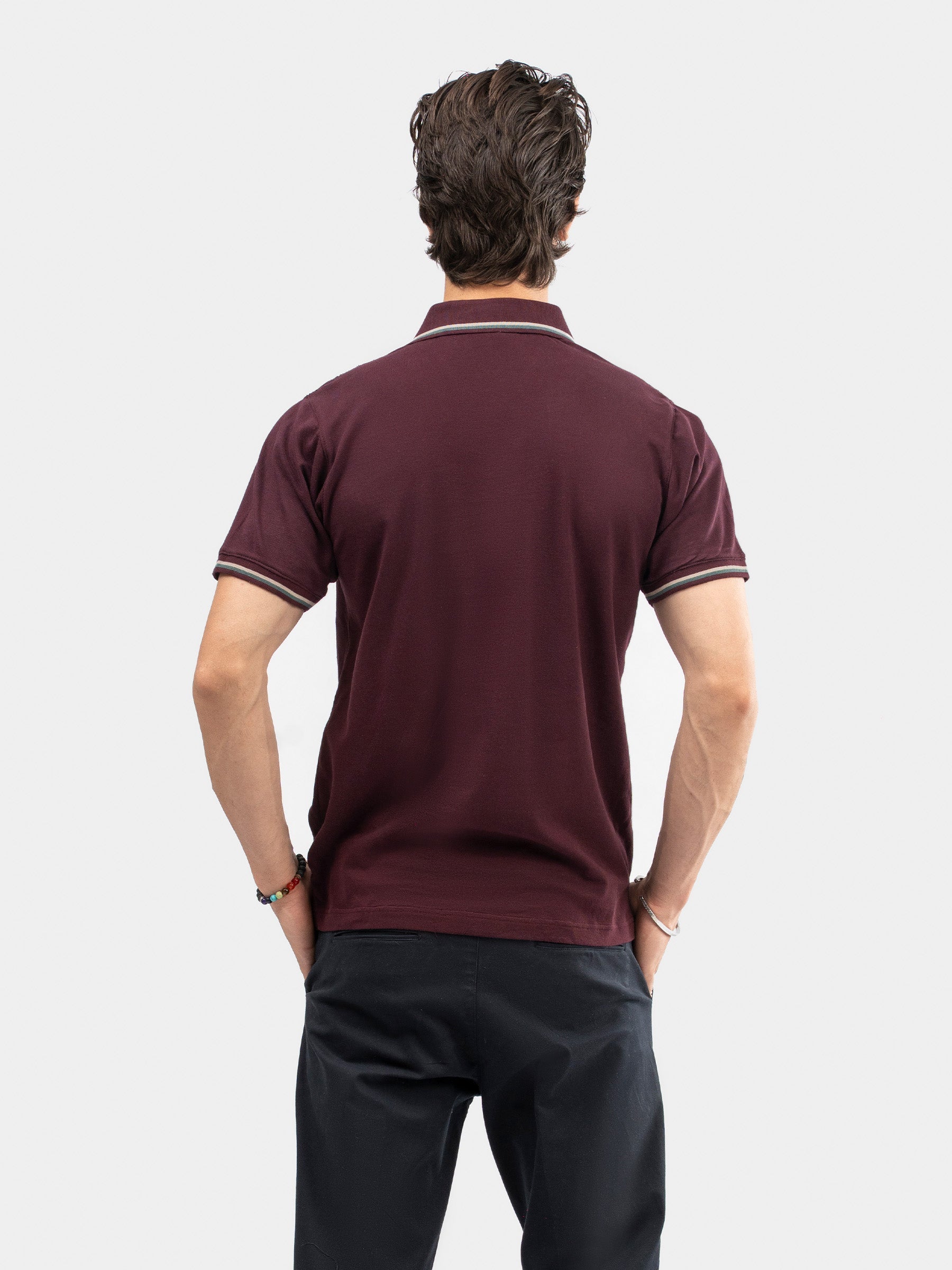 Burgundy Multicolor Tipped Collar Pique Polo
