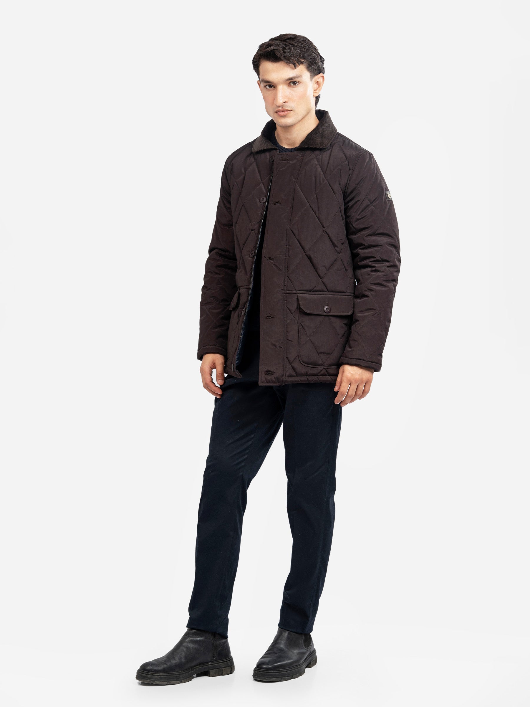 Burgundy Sportsquilt Long Jacket With Corduroy Collar