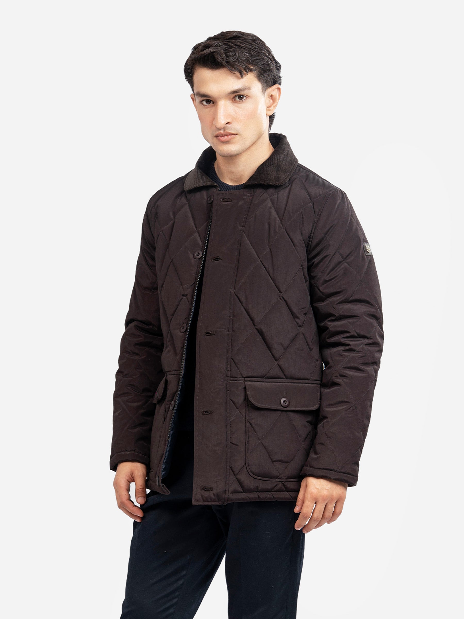 Burgundy Sportsquilt Long Jacket With Corduroy Collar