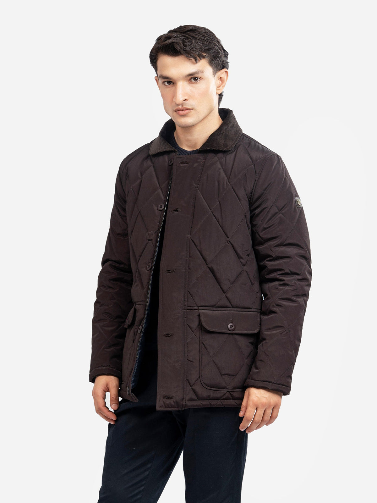 Burgundy Sportsquilt Long Jacket With Corduroy Collar