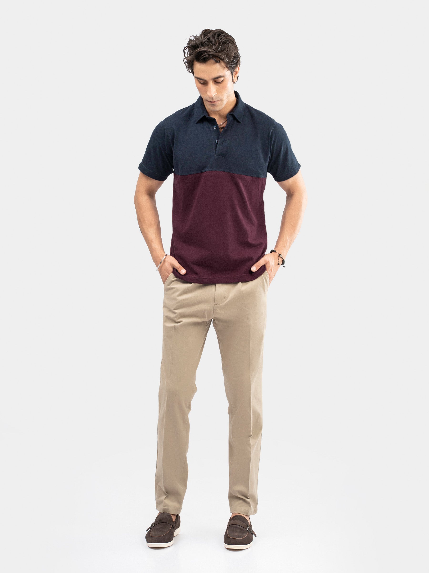 Burgundy & Navy Blue Self Collar Polo