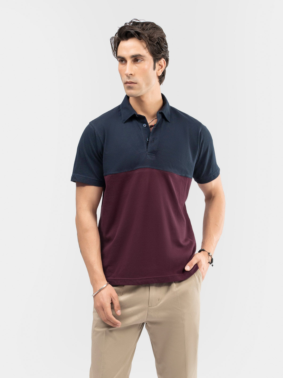 Burgundy & Navy Blue Self Collar Polo