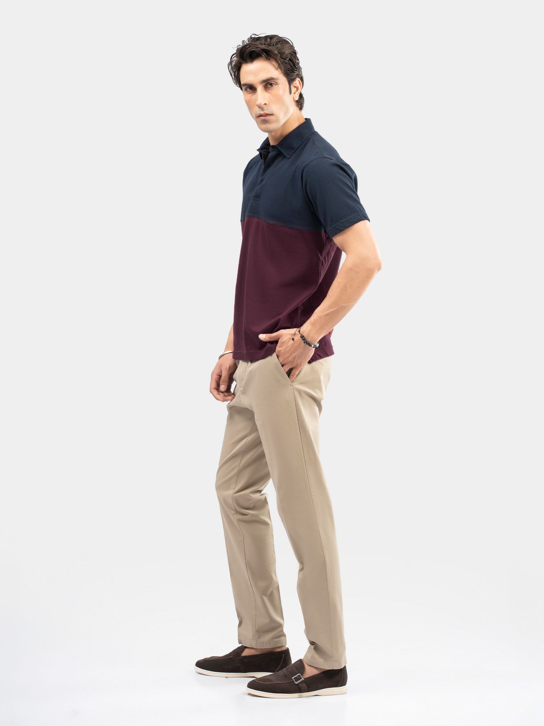 Burgundy & Navy Blue Self Collar Polo
