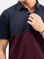Burgundy & Navy Blue Self Collar Polo
