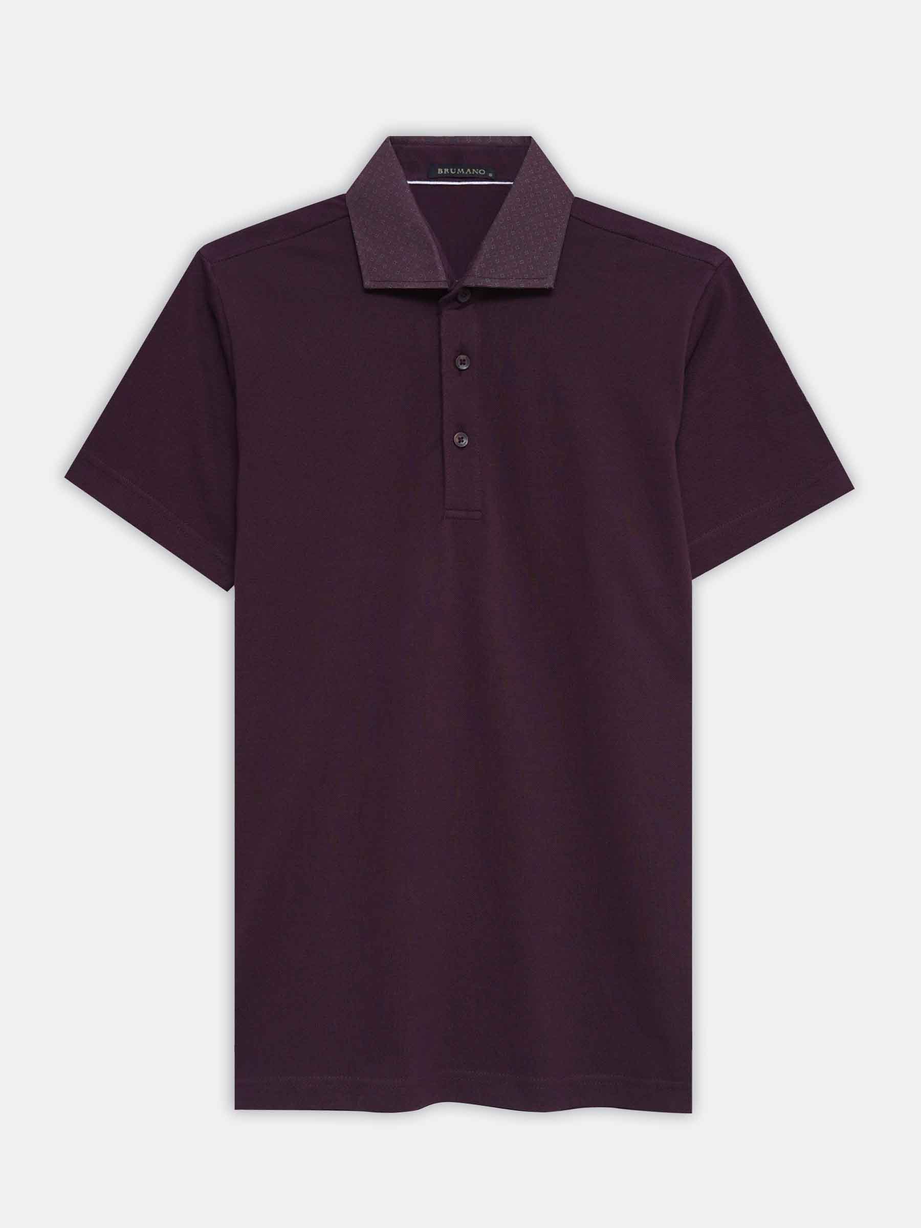 Burgundy Pique Polo With Printed Cutaway Collar
