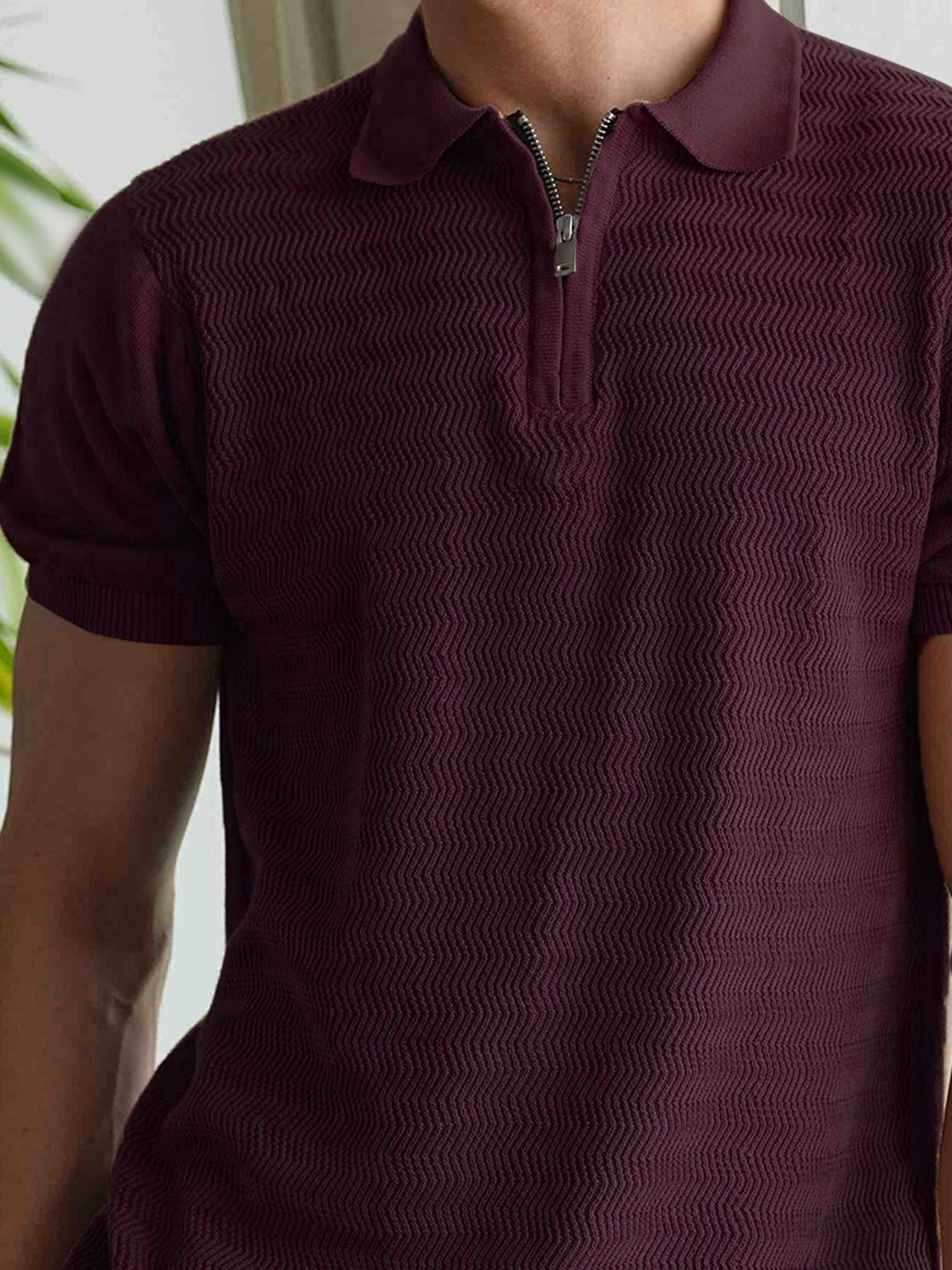 Burgundy Textured Flat Knit Zipper Polo