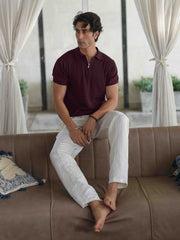 Burgundy Textured Flat Knit Zipper Polo