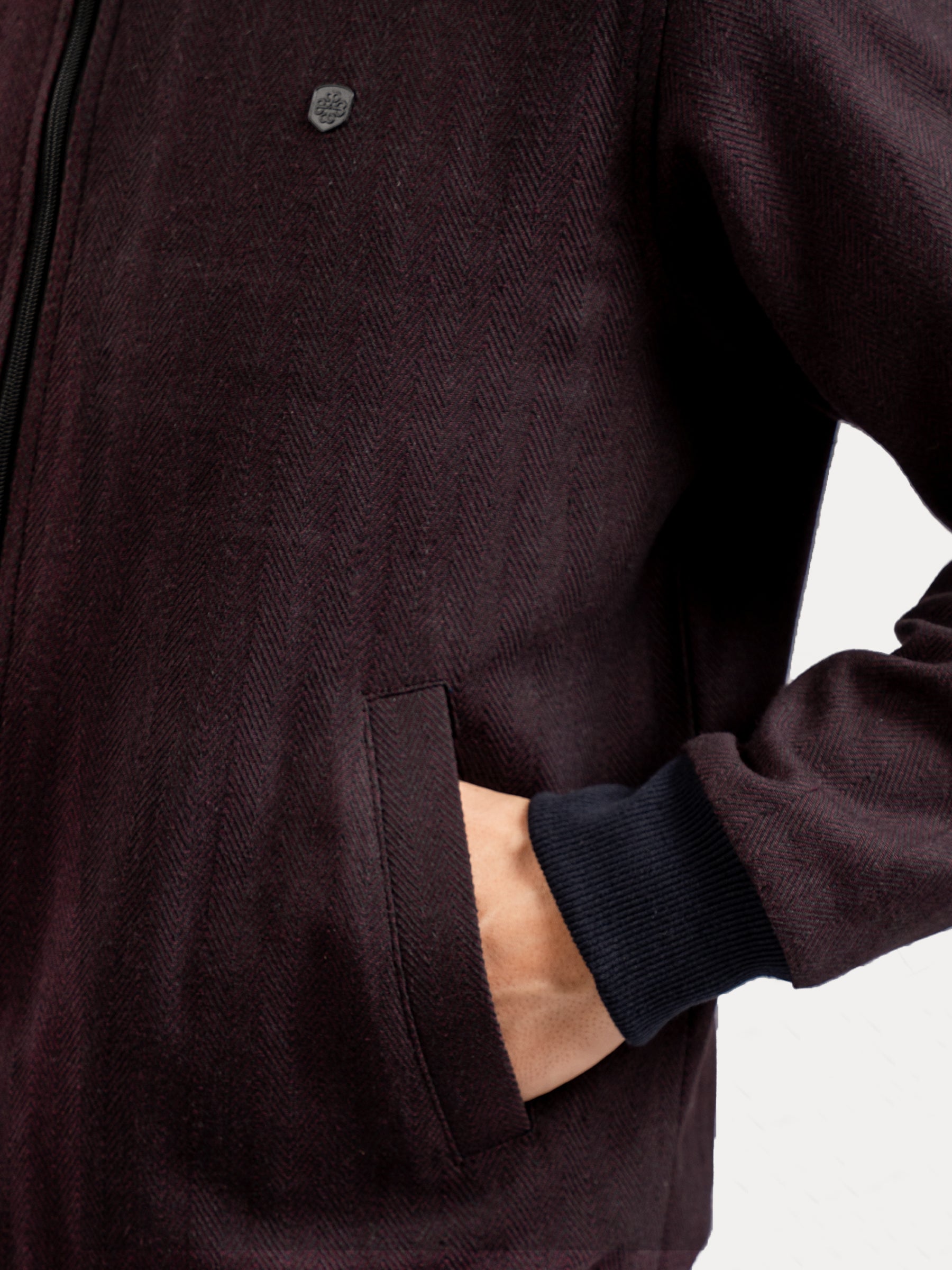 Burgundy Herringbone Structured Bomber Jacket