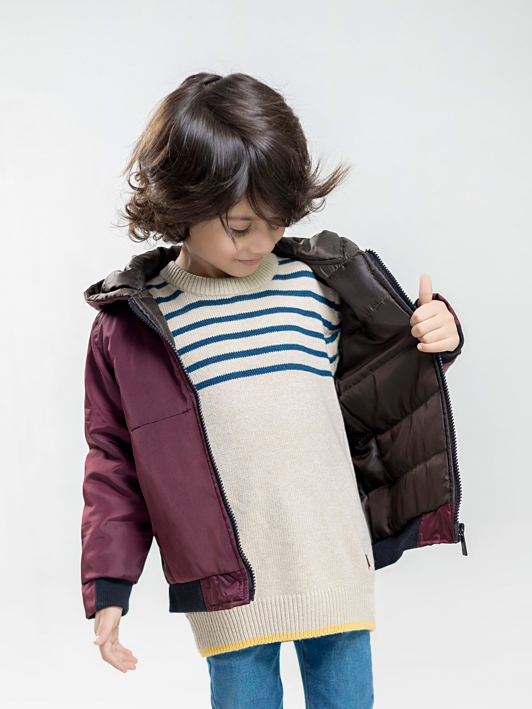 Burgundy Quilted Casual Jacket With Hoodie - Unisex