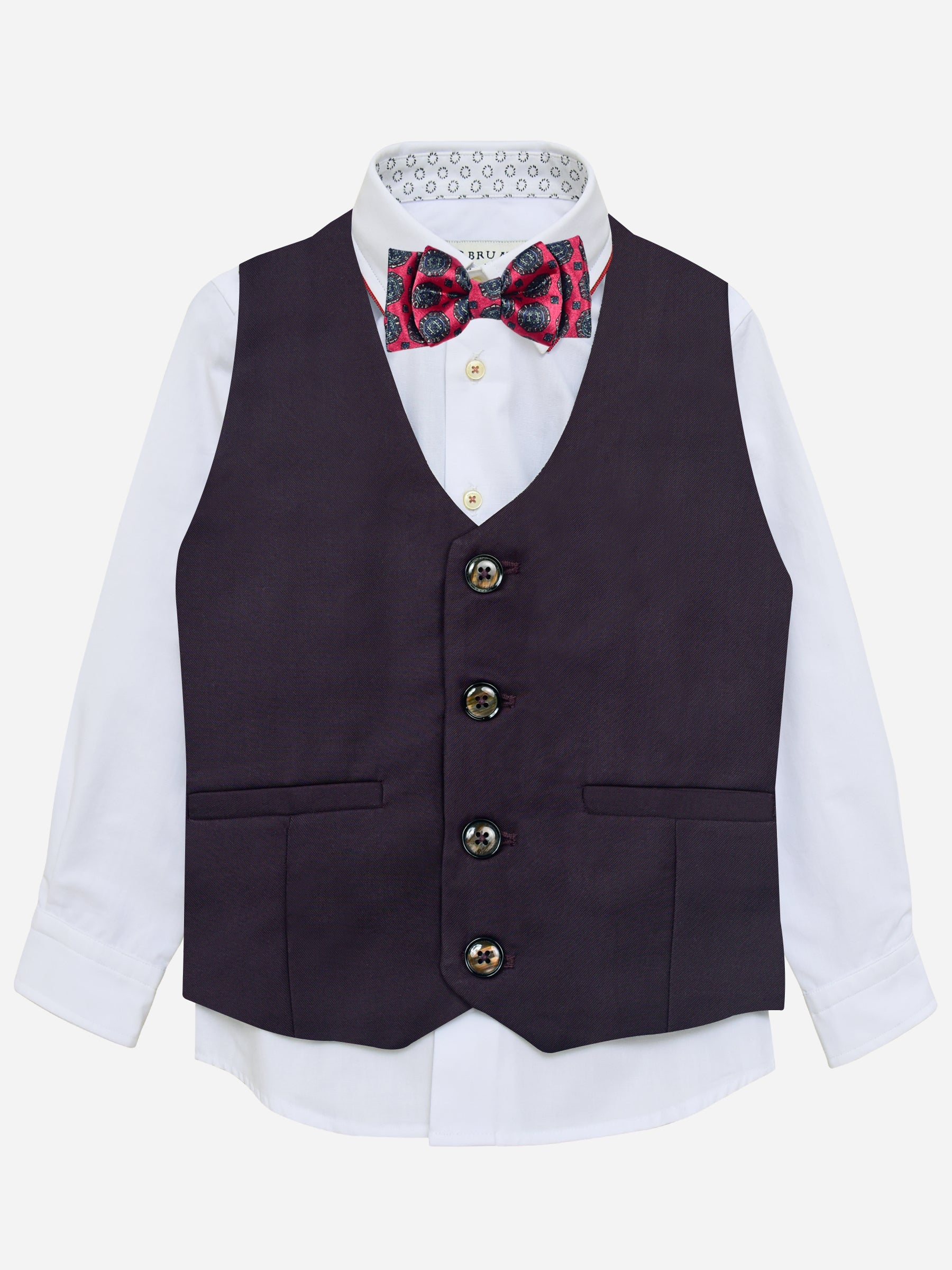Burgundy Twill Suit Vest With Bow