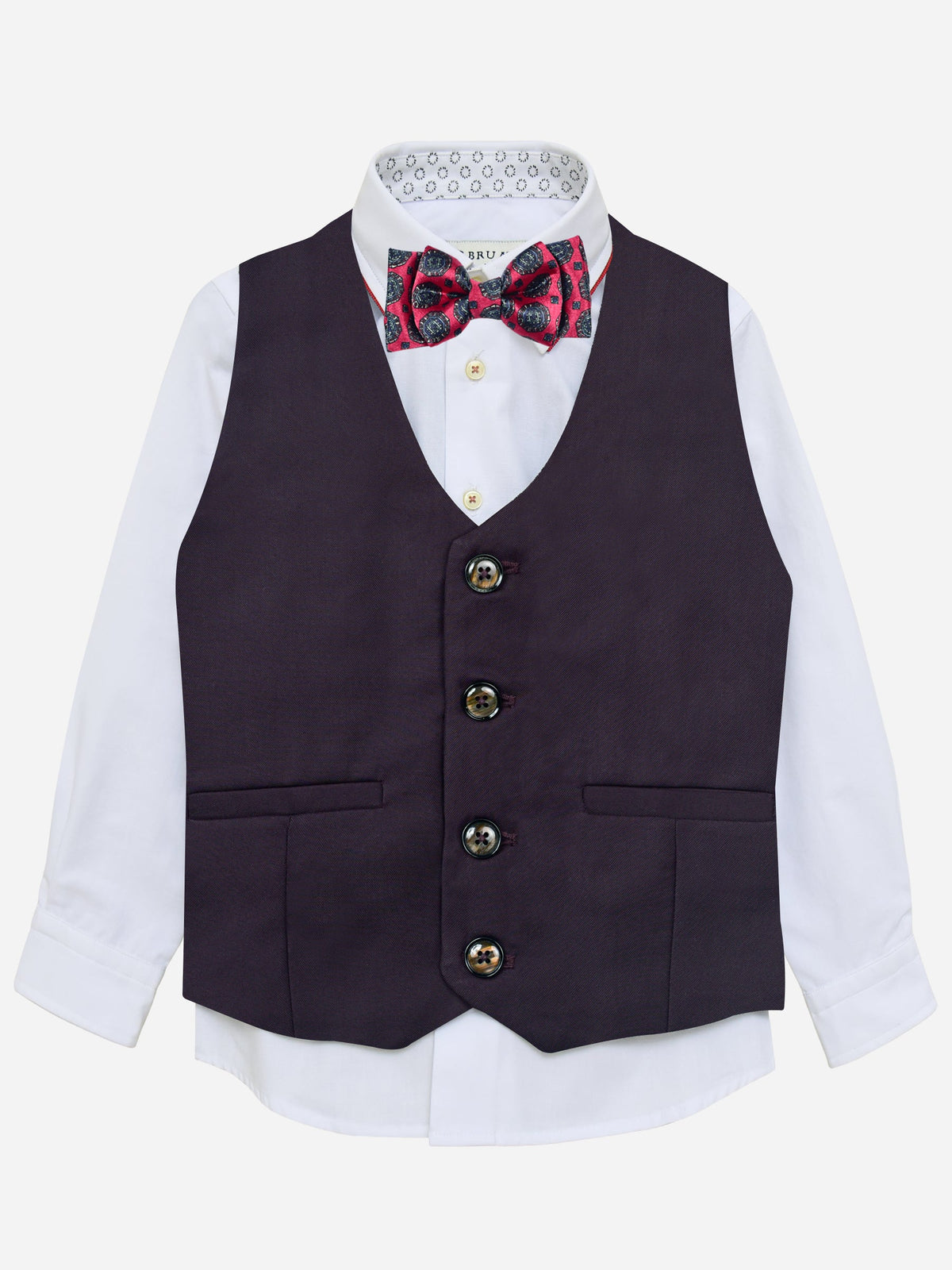 Burgundy Twill Suit Vest With Bow