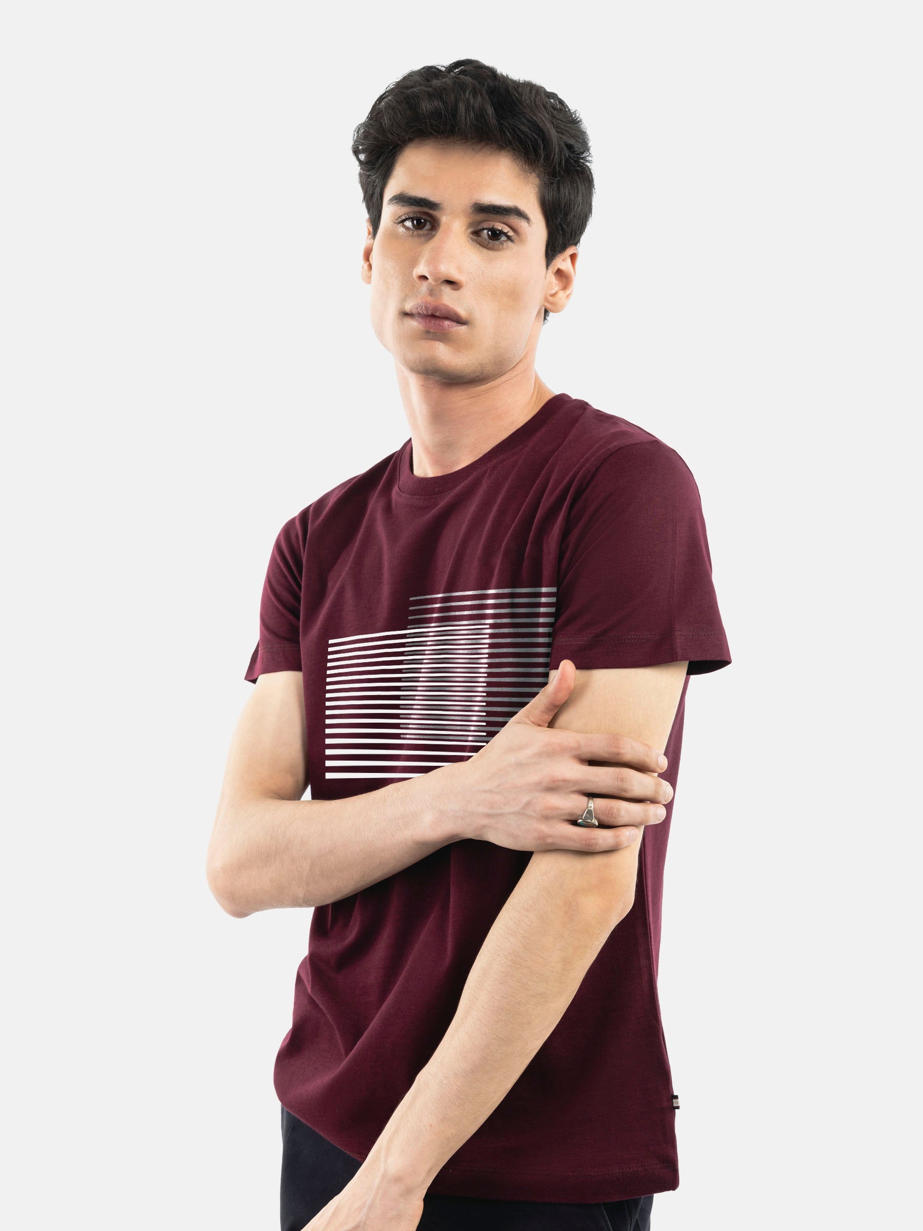 Burgundy 'Abstract' 3d Printed Crew Neck T-Shirt