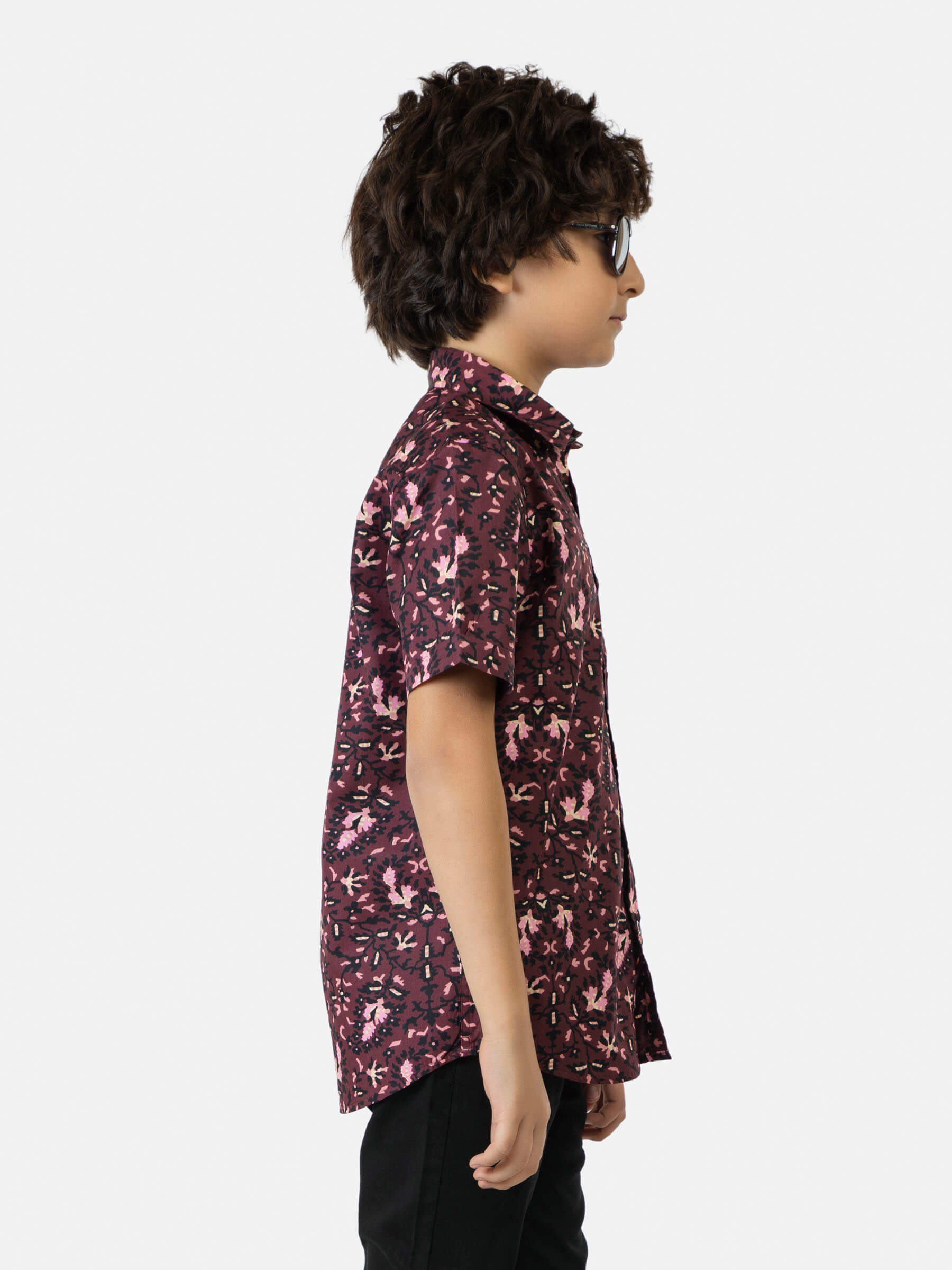 Burgundy & Black Floral Printed Short Sleeve Casual Shirt