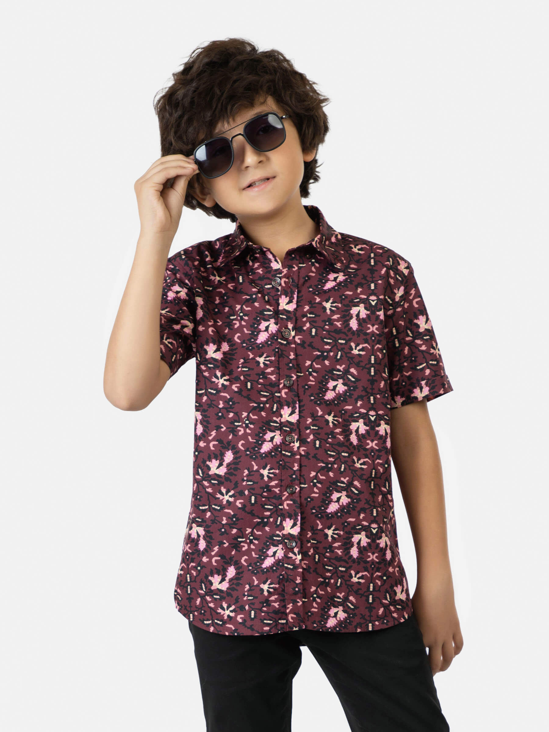 Burgundy & Black Floral Printed Short Sleeve Casual Shirt