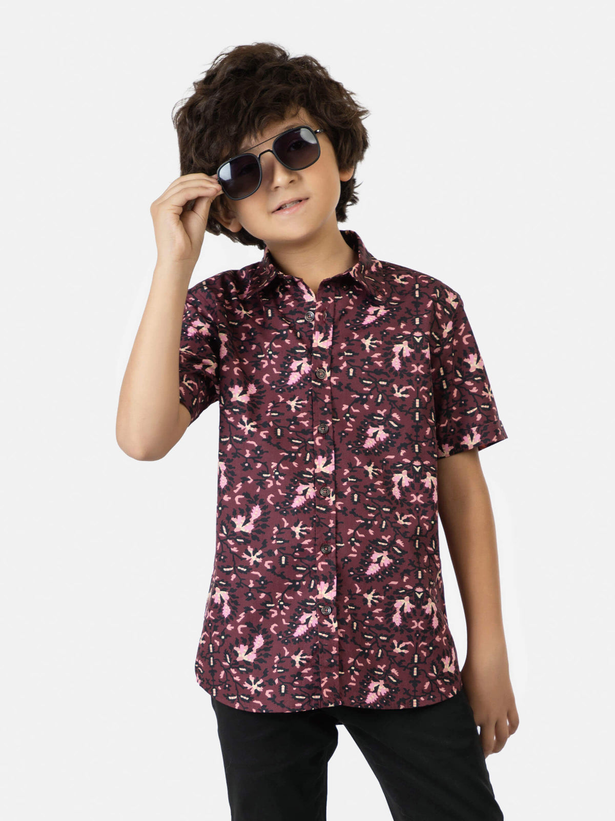 Burgundy & Black Floral Printed Short Sleeve Casual Shirt