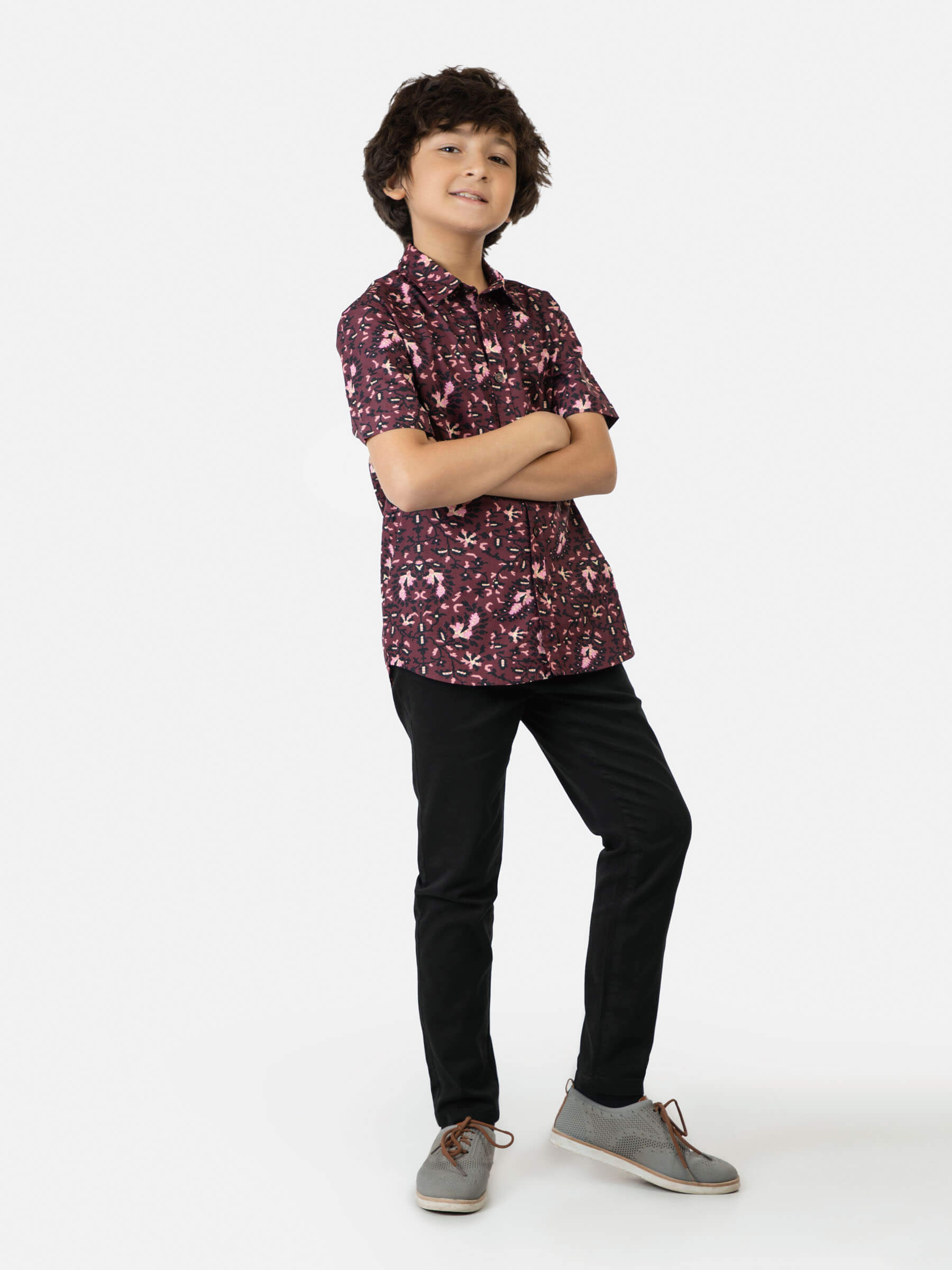 Burgundy & Black Floral Printed Short Sleeve Casual Shirt