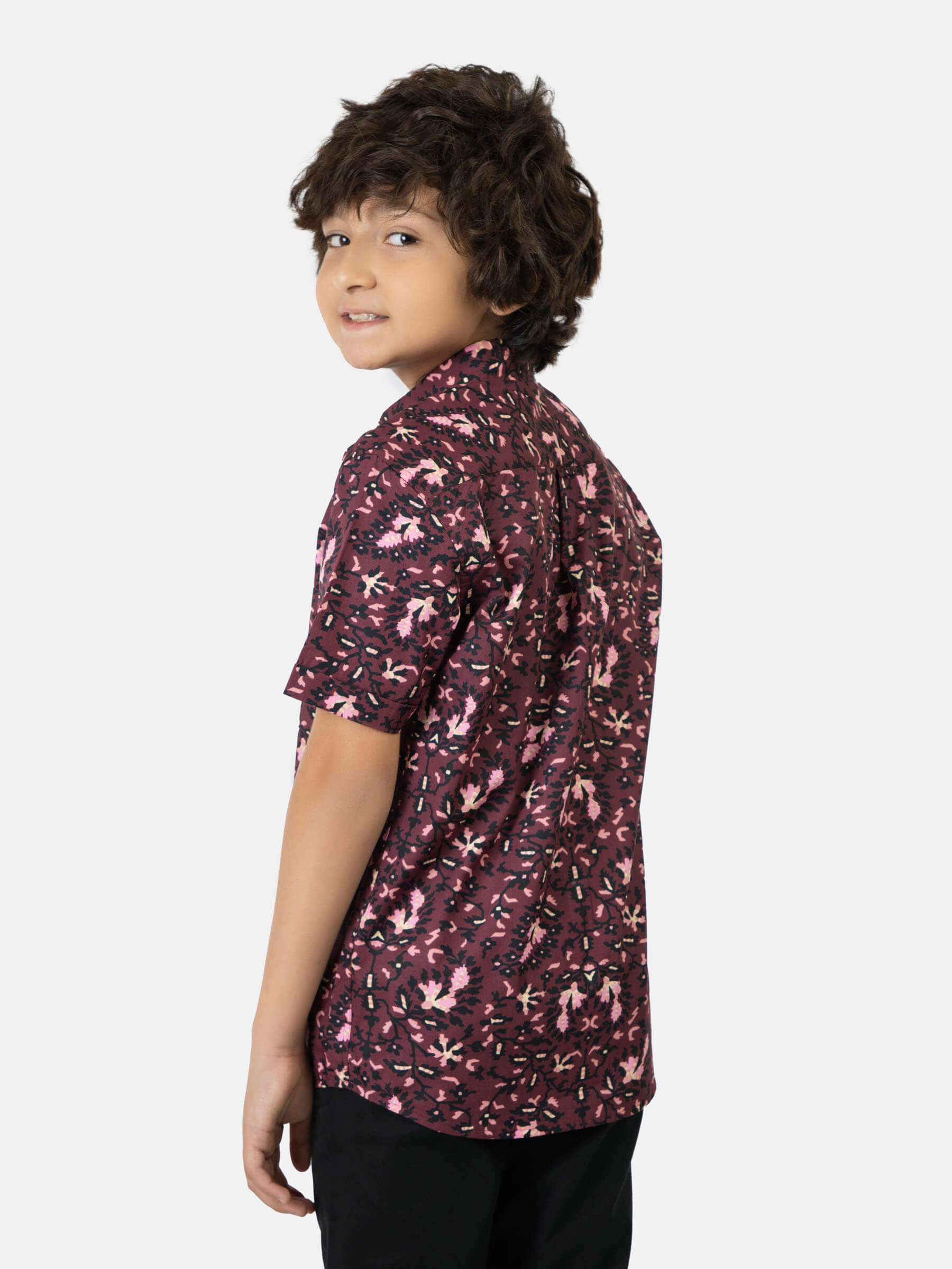 Burgundy & Black Floral Printed Short Sleeve Casual Shirt