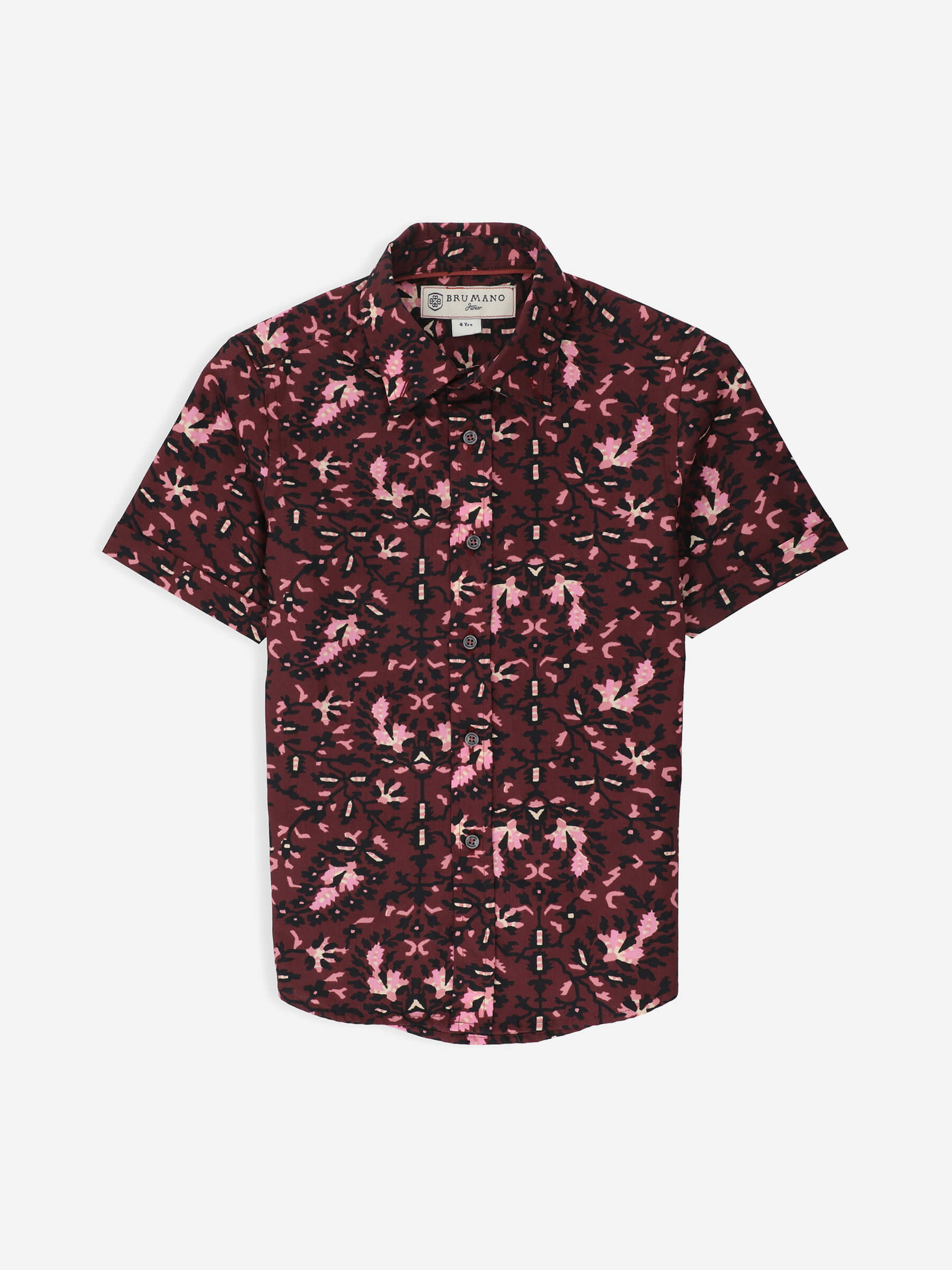 Burgundy & Black Floral Printed Short Sleeve Casual Shirt