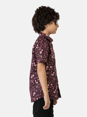 Burgundy & Black Floral Printed Short Sleeve Casual Shirt