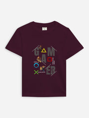 Burgundy 'Game Over' Printed Casual T-Shirt