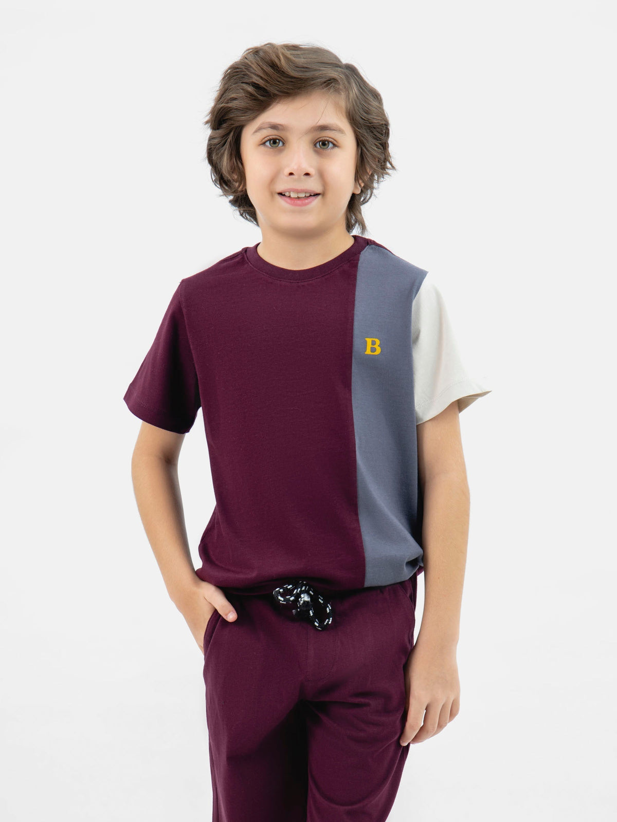 Burgundy & Grey Three Tone Casual T-Shirt