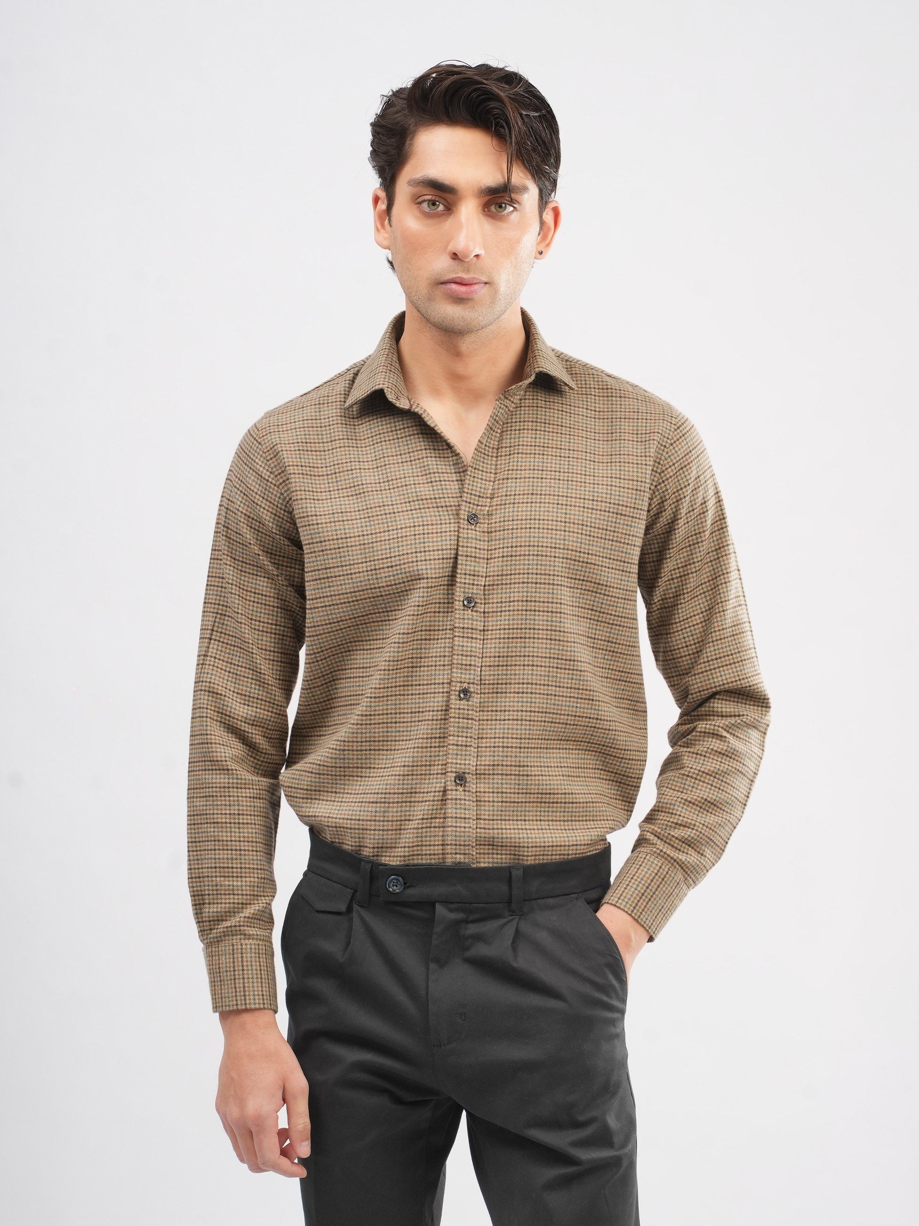 Camel Brown Gingham Flannel Checkered Shirt