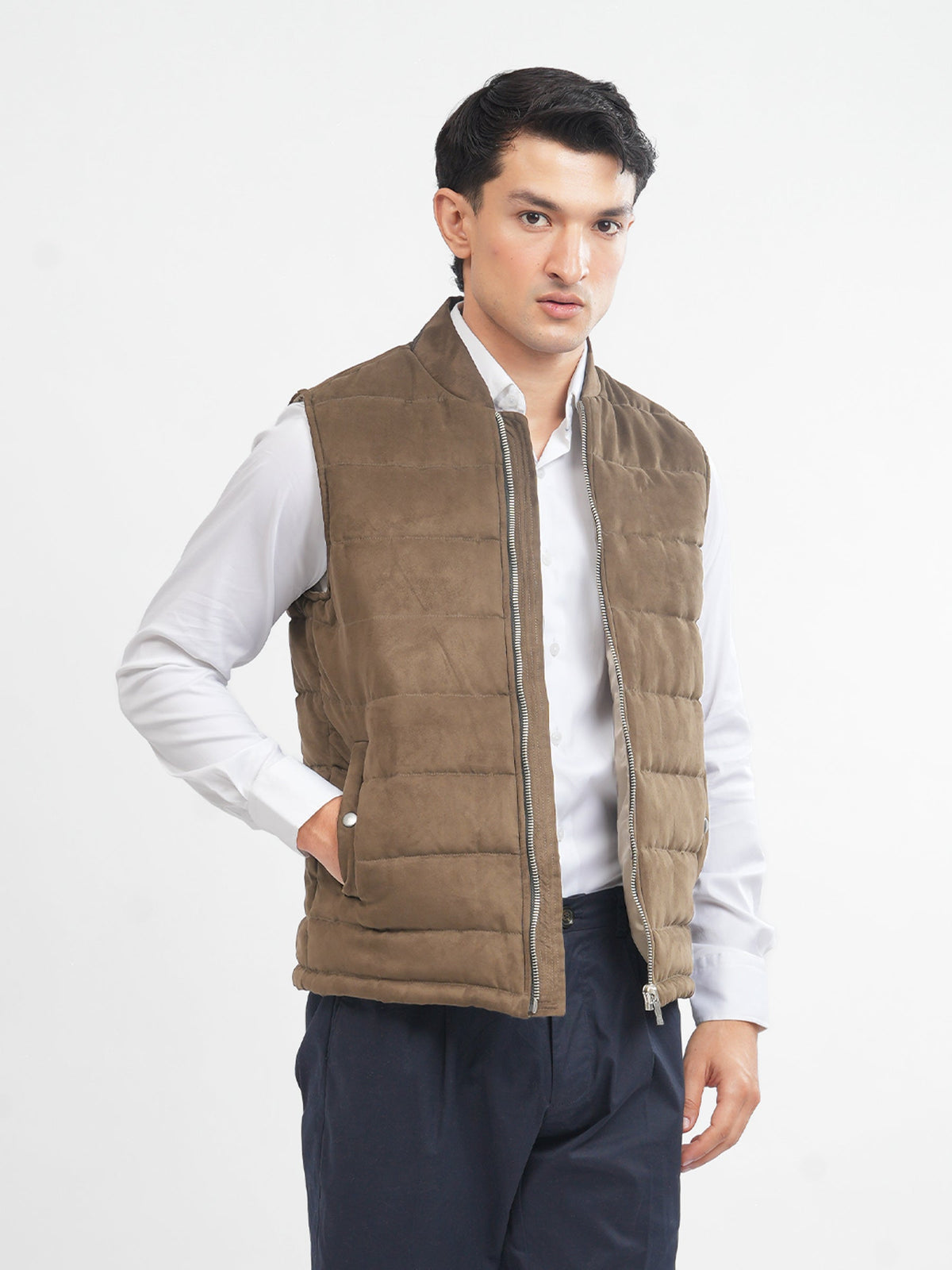 Camel Brown Suede Sleeveless Gillet Jacket