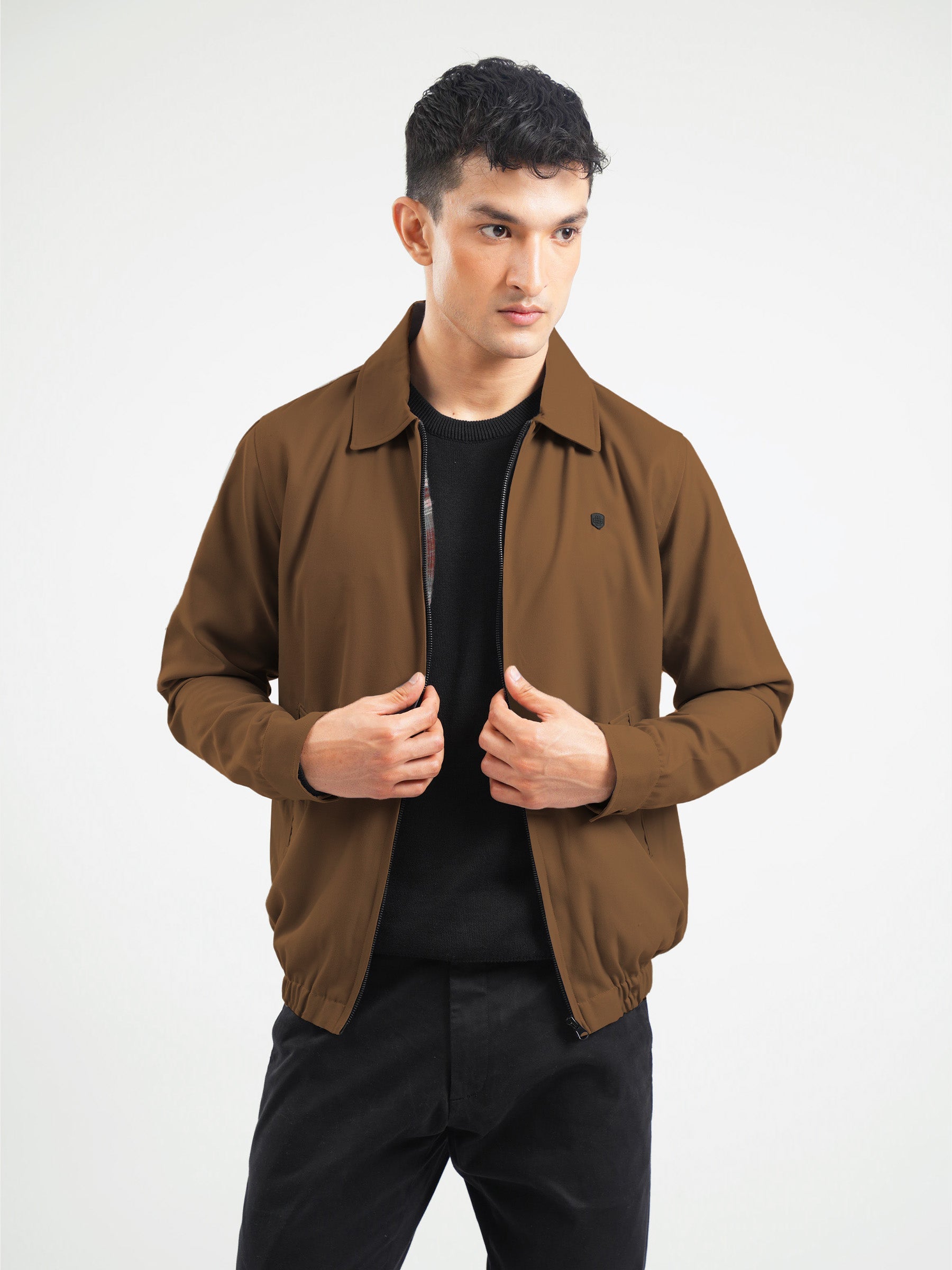 Camel Brown Harrington Jacket With Collar